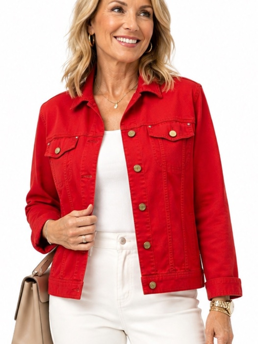 Laura Plus Petites Red Denim Trucker Jacket Gold Hardware Rhinestone Accent 1878